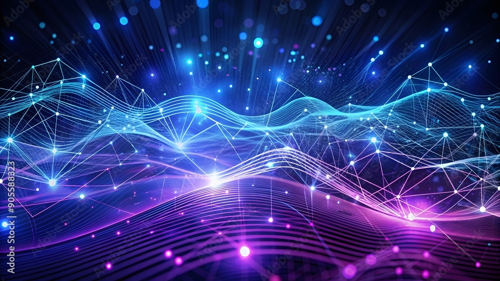 Digital waves, dynamic networks, artificial neural networks, cyber quantum computing, and electronic global intelligence are all depicted against an abstract blue and purple tech background. Digital waves, dynamic networks, artificial neural networks, cyber quantum computing, and electronic global intelligence are all depicted against an abstract blue and purple tech background.