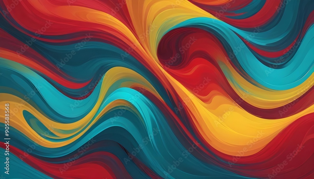An abstract background with vibrant, swirling patterns in bold colors like red, yellow, and teal. The flowing design creates a dynamic sense of movement and depth, simulating waves in an ocean An abstract background with vibrant, swirling patterns in bold colors like red, yellow, and teal. The flowing design creates a dynamic sense of movement and depth, simulating waves in an ocean