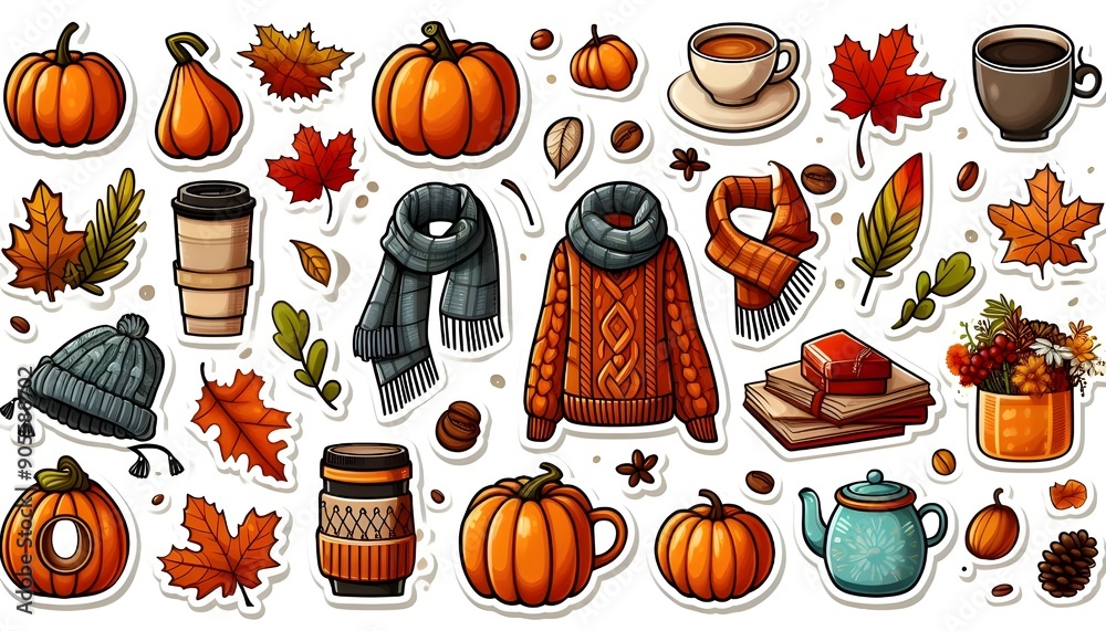 a collection of icons including pumpkins, mugs, and a jar of coffee. a collection of icons including pumpkins, mugs, and a jar of coffee.