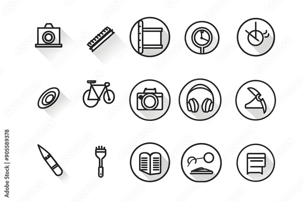 Minimalist Outline Icons Collection Representing Various Hobbies and Leisure Activities
