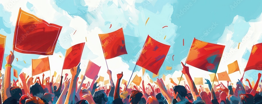 Crowded political rally with enthusiastic supporters waving red flags under bright sunlight.