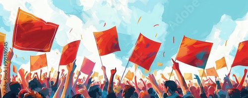 Obraz na płótnie Crowded political rally with enthusiastic supporters waving red flags under bright sunlight. w salonie