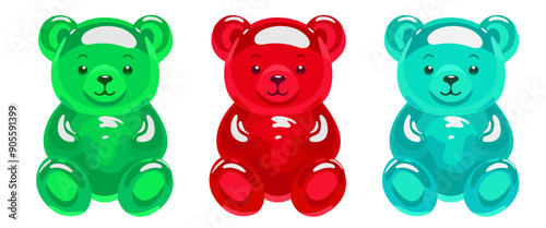 Colorful gummy bears. Jelly bear fruit gummies. Vector isolated illustration