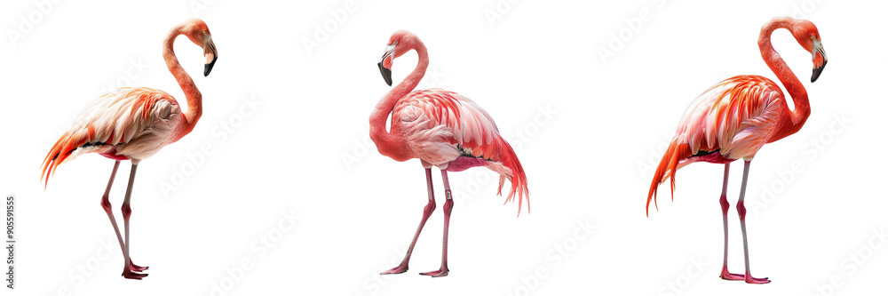 Obraz premium Set of a flamingo standing gracefully, showcasing its vibrant pink feathers and elegant posture, isolated on a transparent background.