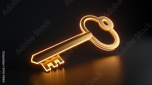 A glowing neon gold key icon, casting a bright light on a high-tech black floor, isolated on a black background. 3D Render.