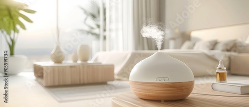 A detailed shot of an aromatherapy diffuser on a bedside table, emitting a gentle mist with essential oils, high detail