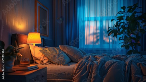 A peaceful nighttime scene with a dimly lit bedroom, soft glow from a bedside lamp, and blackout curtains drawn, high detail