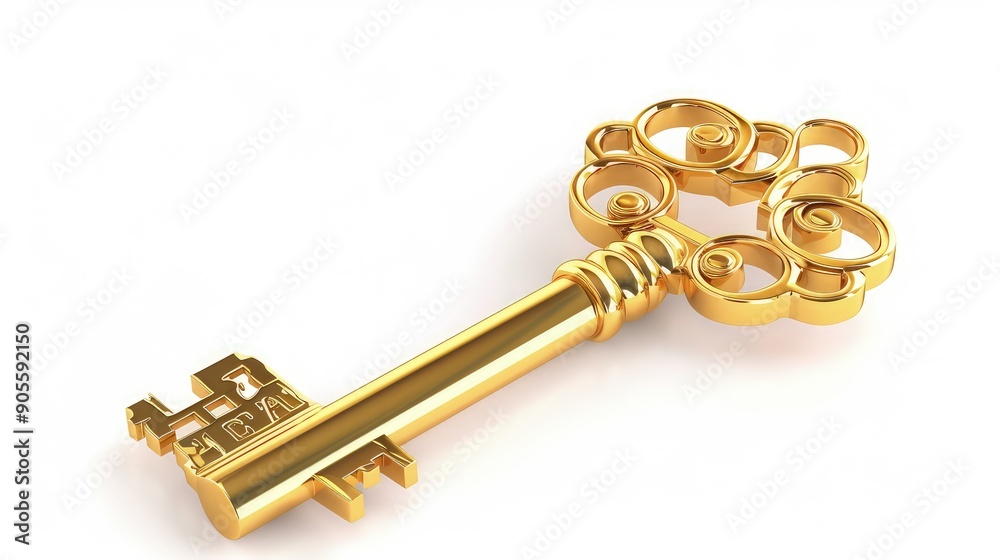 A golden key icon with a complex, ornate design, casting a slight shadow on a white background. A golden key icon with a complex, ornate design, casting a slight shadow on a white background.