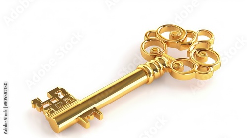 A golden key icon with a complex, ornate design, casting a slight shadow on a white background.