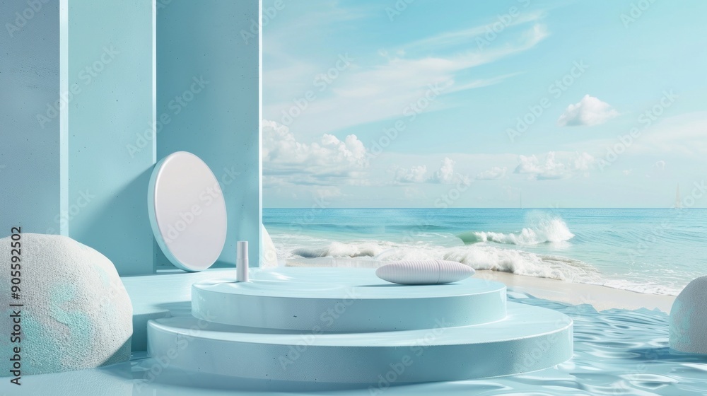 Fototapeta premium Tropical flowers and sea background enhance the appearance of cosmetic products on the podium for presentations