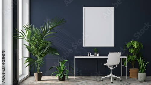 Elegant office setup with minimalist white furniture, bright green plants and blank white frames against navy blue walls
