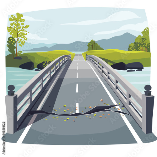 Cartoon bridge over river illustration, countryside setting, cracked asphalt. Peaceful landscape, empty road, nature scene, scenic view, modern flat design. Clear sky, problems infrastructure
