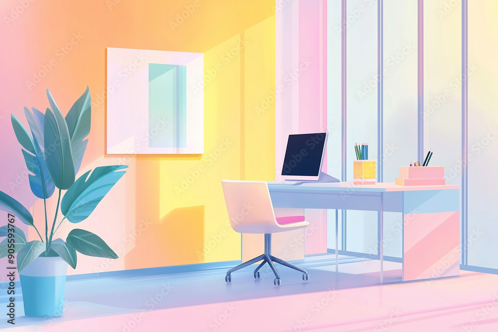 An abstract and beautiful illustration of pastel office furniture in a workplace, depicting a hardworking atmosphere. The pastel colors create a pleasant and inviting working environment.Generative AI