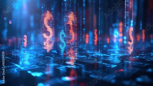 Holographic money transfer with salary figures, 3D illustration, digital payroll