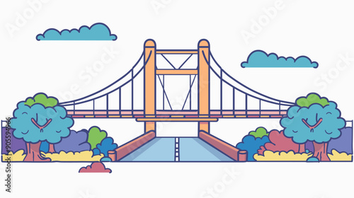 Suspension bridge illustration cartoon style featuring colorful trees, bushes, clouds. Flat design graphics bridge spanning blue water, nature architecture. Vibrant hues, simple shapes, peaceful