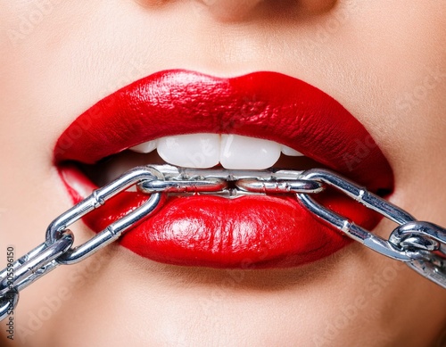 Lips of Woman Bite Chain - Erotic  photo