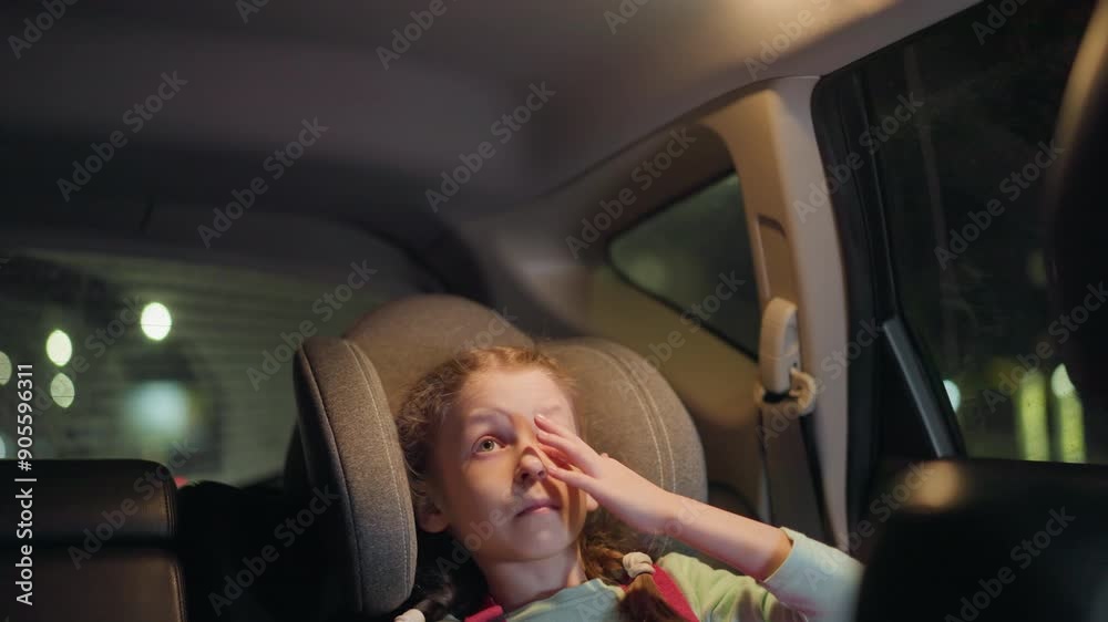 A close view of a child turning on the light in a car, reaching up towards the ceiling with focused intent, the background includes blurred lights from passer by car A close view of a child turning on the light in a car, reaching up towards the ceiling with focused intent, the background includes blurred lights from passer by car