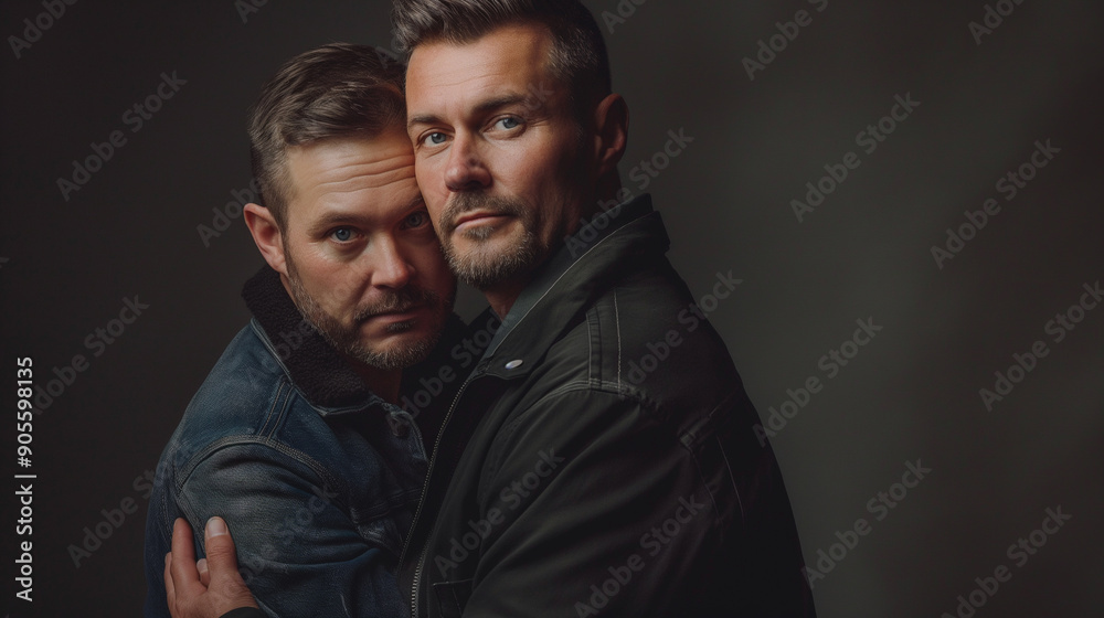 This powerful portrait captures the deep emotional bond between two men, with their heartfelt embrace reflecting love and support, enhanced by a moody background that adds to the scenes mood This powerful portrait captures the deep emotional bond between two men, with their heartfelt embrace reflecting love and support, enhanced by a moody background that adds to the scenes mood