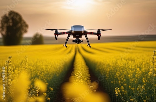 Quadcopter with camera flying over field. Smart agriculture concept © Irina