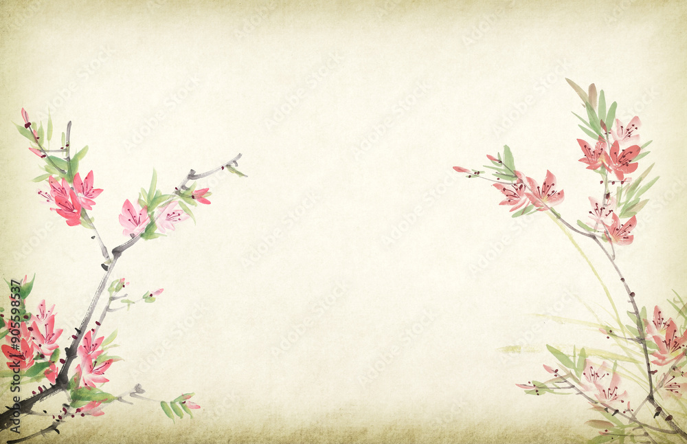 painting of peach flowers on old paper painting of peach flowers on old paper