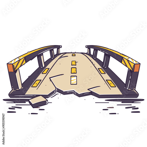 Broken bridge illustration isolated white background. Collapsed road infrastructure disaster cartoon. Damaged overpass highway vector scene