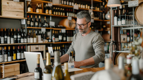 Man working on a laptop in a wine shop with shelves of wine bottles in the background. photo