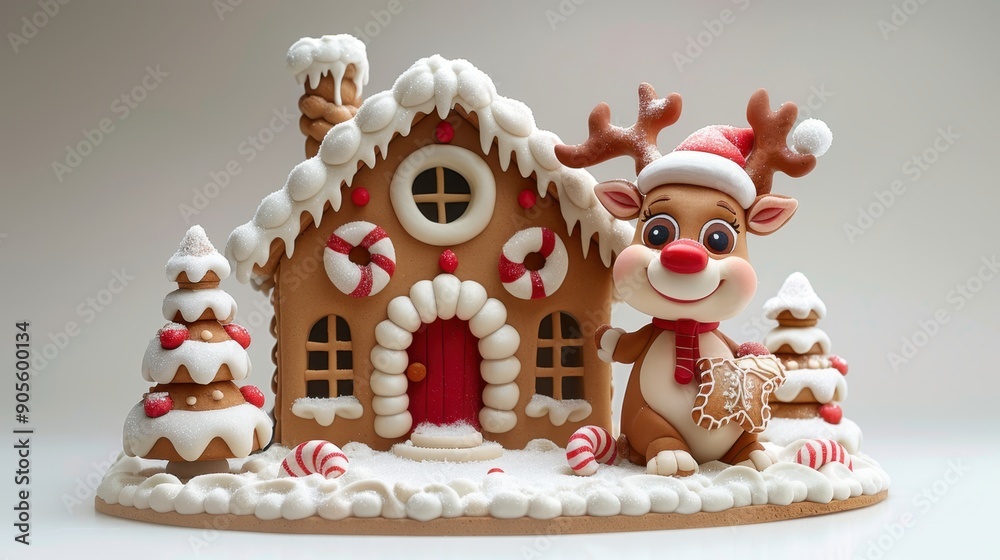 Fototapeta premium Adorable gingerbread house and reindeer figurine surrounded by Christmas decorations, creating a festive holiday scene with snow and candy details.