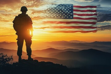 Soldier and USA flag on sunrise background .Concept National holidays , Flag Day, Veterans Day, Memorial Day, Independence Day, Patriot Day. 