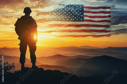 Soldier and USA flag on sunrise background .Concept National holidays , Flag Day, Veterans Day, Memorial Day, Independence Day, Patriot Day. 