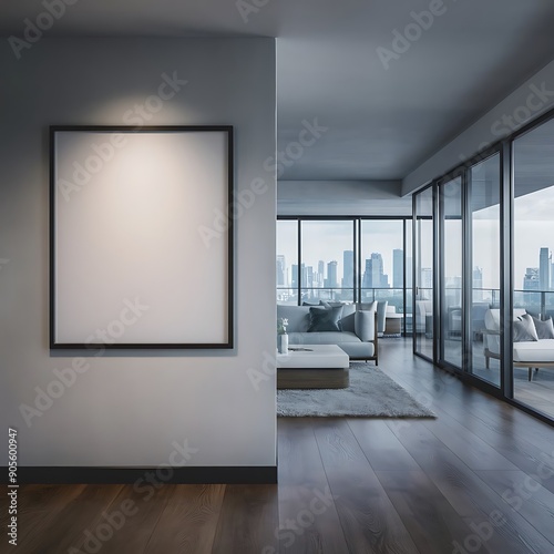 Modern bright interior with empty frame . 3D rendering 