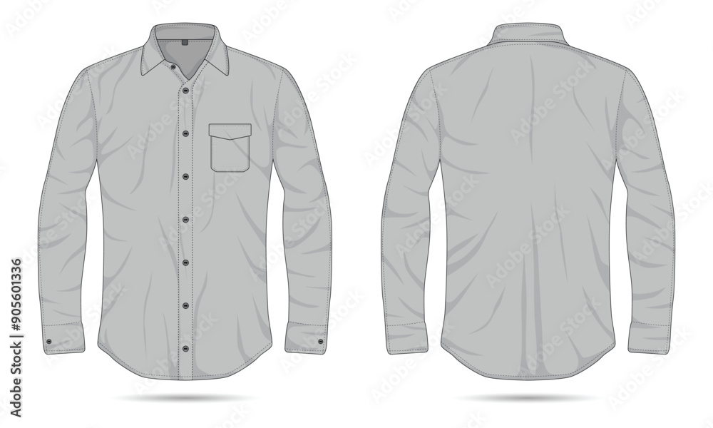 Gray collared long sleeve button down shirt template front and back view
