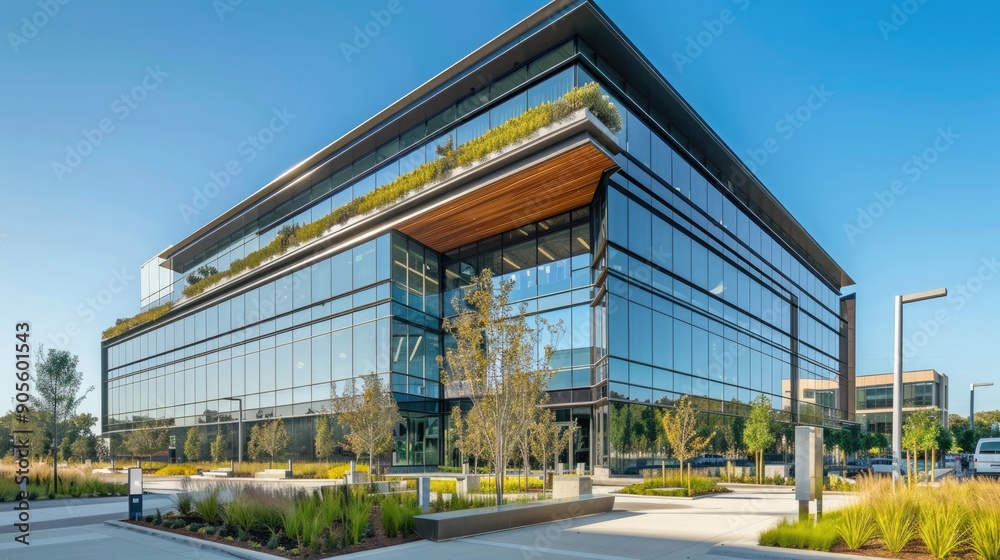 Obraz premium Corporate HQ with eco-friendly design, natural light windows, green rooftops, and EV charging, promoting environmental responsibility. Corporate building reduce CO2