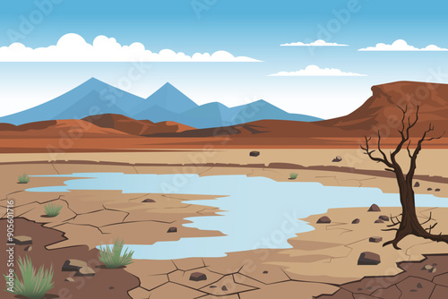 Desert landscape with cracked dry earth, small pond, scattered stones, rare green plants and barren tree in the background of hills and mountains and blue sky. Dry lake vector illustration.