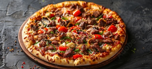 Bulgogi Pizza. A delectable bulgogi pizza topped with marinated beef, vegetables, and fresh herbs on a golden crust, showcasing a perfect blend of Korean and Italian flavors.