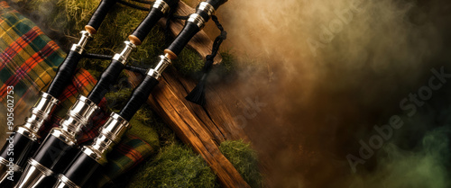 Scottish bagpipes lying on tartan and moss with dramatic smoke background photo