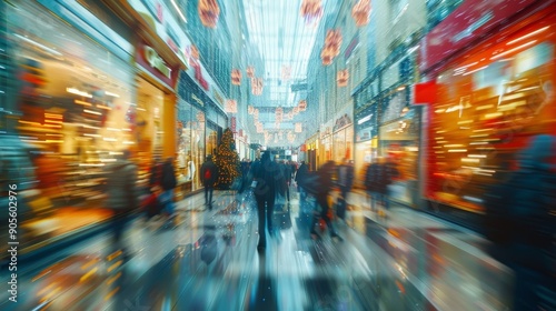 Salespeople in retail store during holiday rush, abstract blurred image