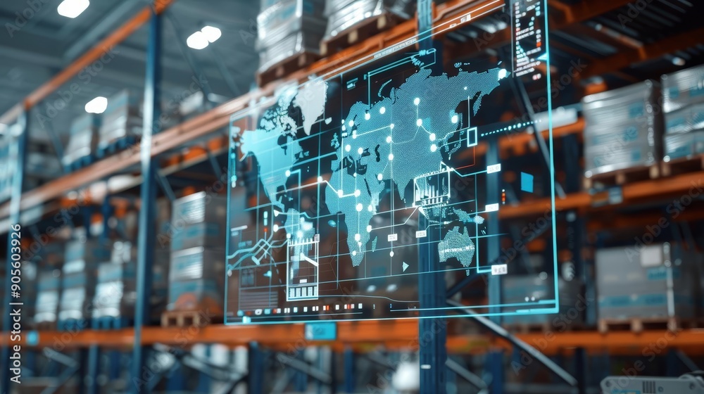 Naklejka premium Warehouse with holographic map overlay showcasing international supply chain logistics Futuristic, High-Quality, Digital Illustration