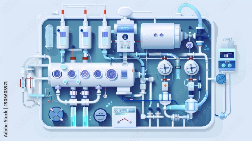 Water purification process using reverse osmosis unit, intricate and detailed, Clear water output, Futuristic, Digital Illustration Water purification process using reverse osmosis unit, intricate and detailed, Clear water output, Futuristic, Digital Illustration