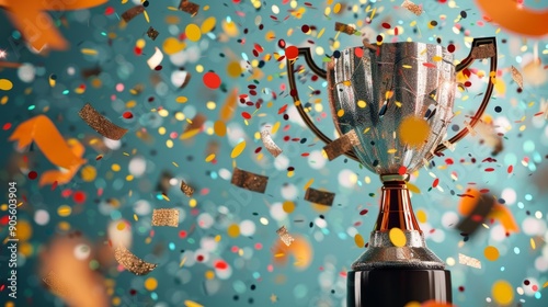 Triumphant trophy surrounded by bright confetti and glitter, capturing the essence of success and festivity High-Quality, Victory, Digital Art photo