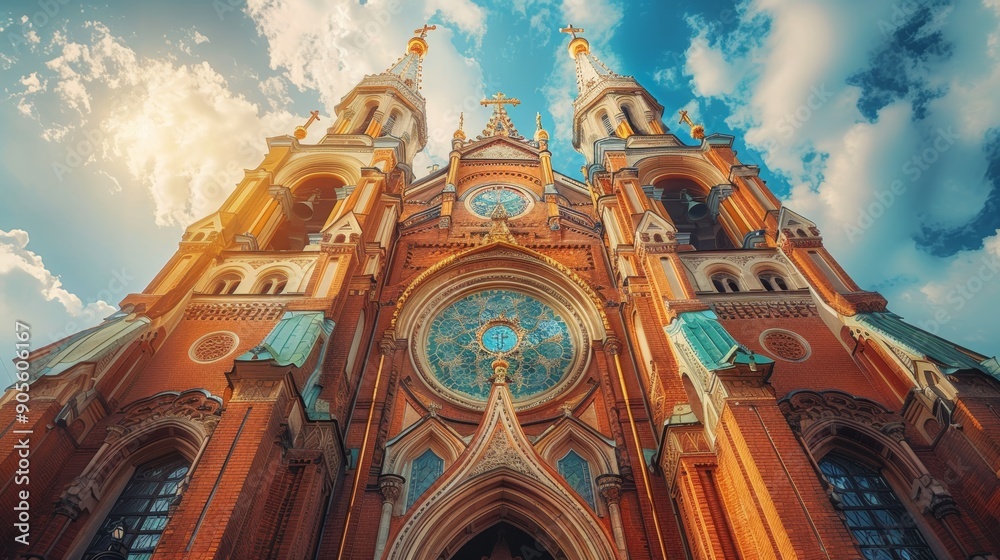 Obraz premium Ornate church architecture with soaring spires, exemplifying the grandeur and majesty of sacred spaces