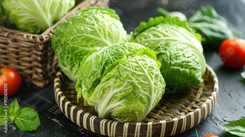 Aphoto of fresh spicy cabbage, container preservation box. photo