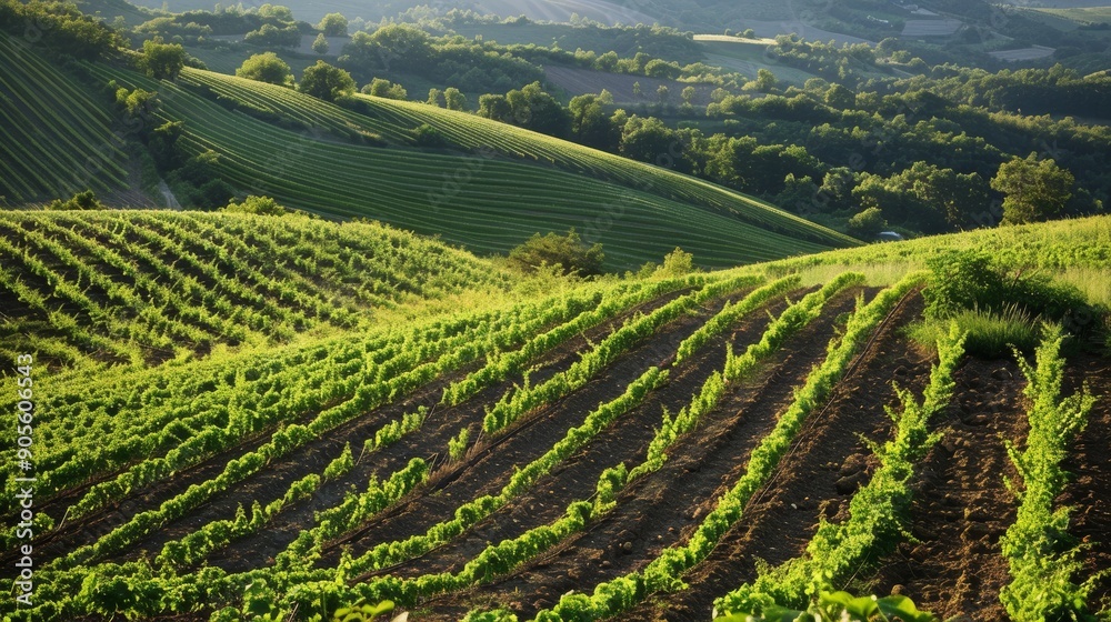 Fototapeta premium Lush Hillside with Slope Tillage: Sustainable Agriculture and Crop Growth in Neatly Terraced Rows