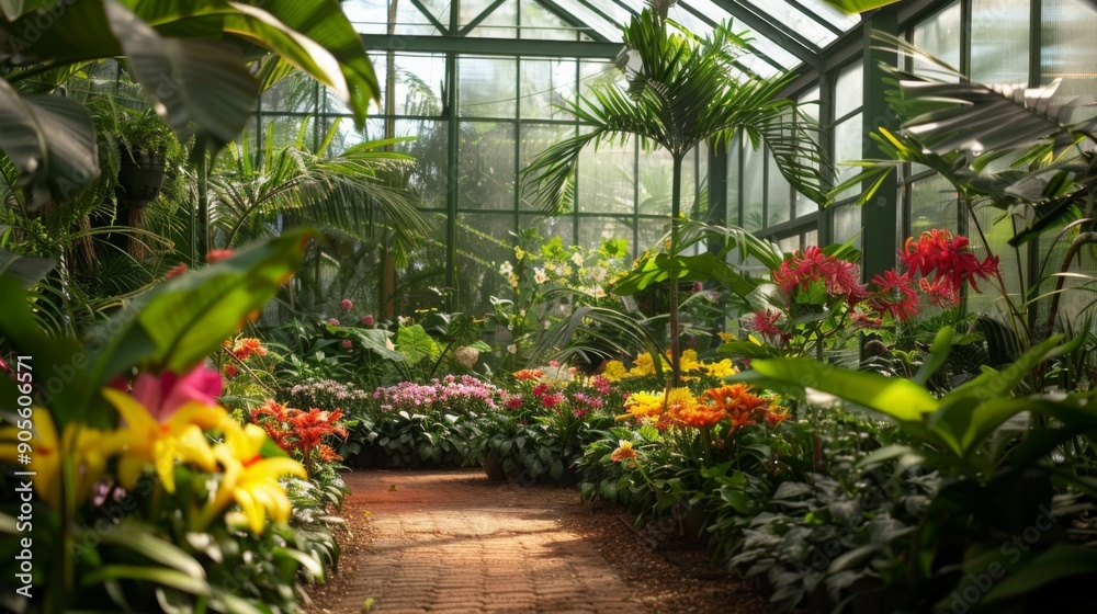 A lush pathway lined with vibrant flowers leads through a glass conservatory, illuminated by natural light. A lush pathway lined with vibrant flowers leads through a glass conservatory, illuminated by natural light.
