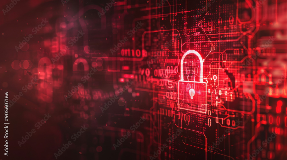 Digital breach visual featuring a red warning padlock and signs of a system hack. Digital breach visual featuring a red warning padlock and signs of a system hack.