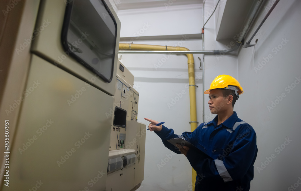 Electrical maintenance engineer checking .Electricity meter, main distribution board and write down value of electricity on a clipboard Electrical maintenance engineer checking .Electricity meter, main distribution board and write down value of electricity on a clipboard