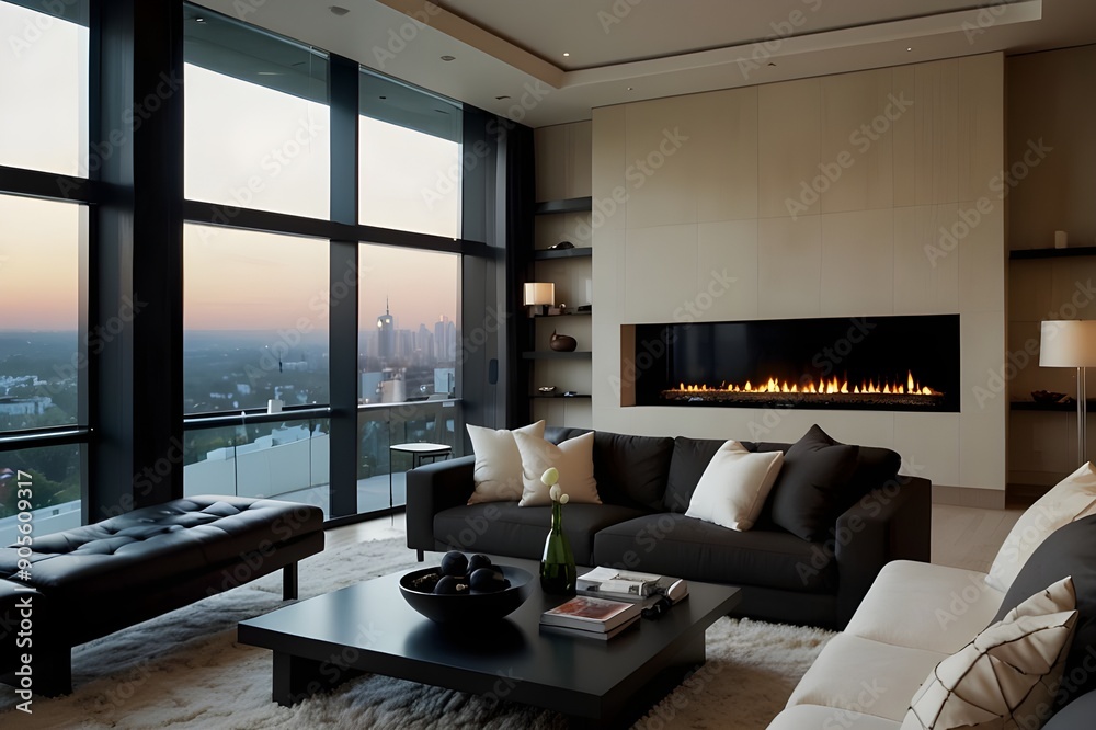 Fototapeta premium A living room interior with white wall and panoramic window with City View