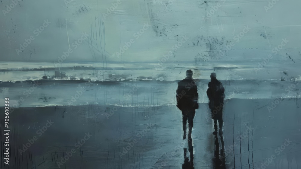 Two figures on a beach, one walking away and the other looking back ...