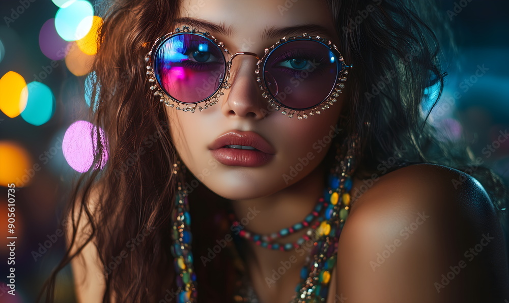Beautiful young hippie girl in fashionable bohemian style clothes at neon party. Fashionable banner for night club. Beautiful young hippie girl in fashionable bohemian style clothes at neon party. Fashionable banner for night club.