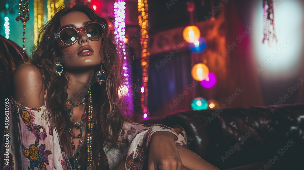 Fototapeta premium Beautiful young hippie girl in fashionable bohemian style clothes at neon party. Fashionable banner for night club.