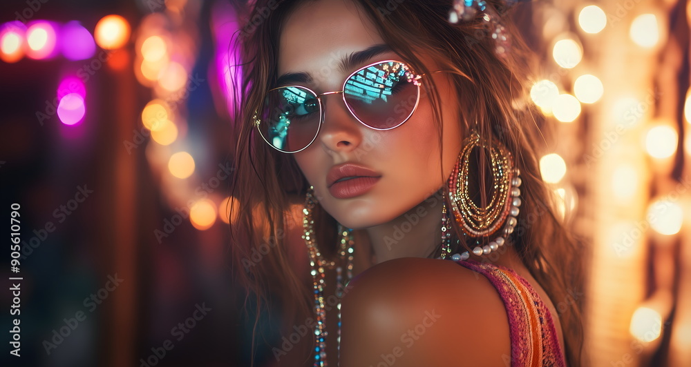 Obraz premium Beautiful young hippie girl in fashionable bohemian style clothes at neon party. Fashionable banner for night club.